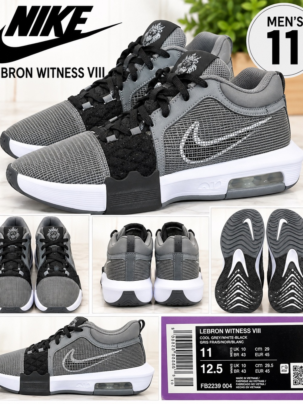 Nike Men's LeBron Witness VIII Sneakers in Cool Grey, Black & White